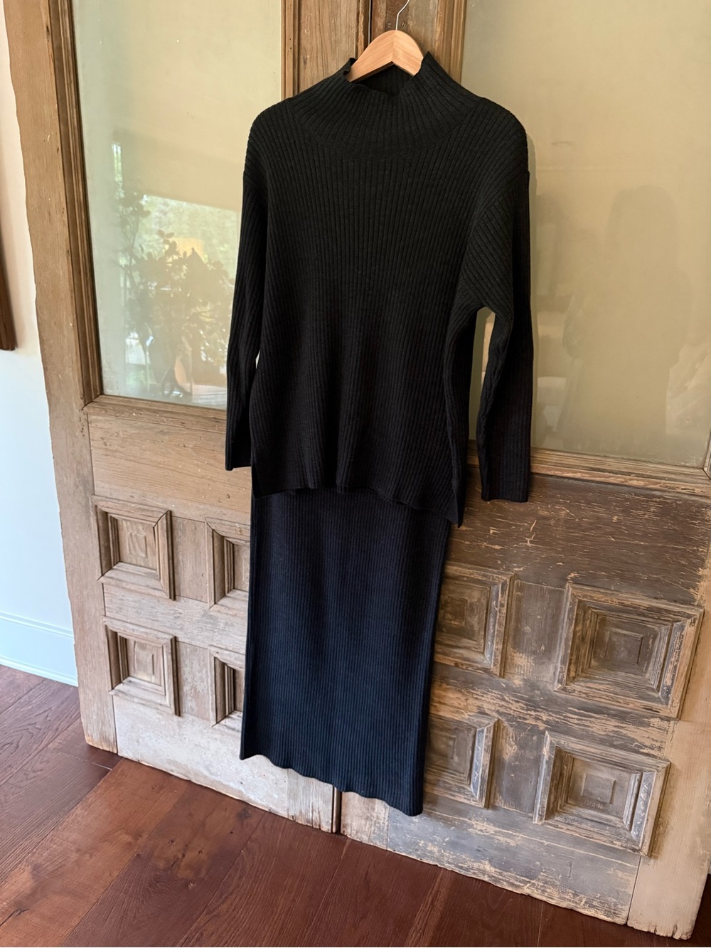 Eileen Fisher Black/Grey Ribbed Top and Midi Skirt Set